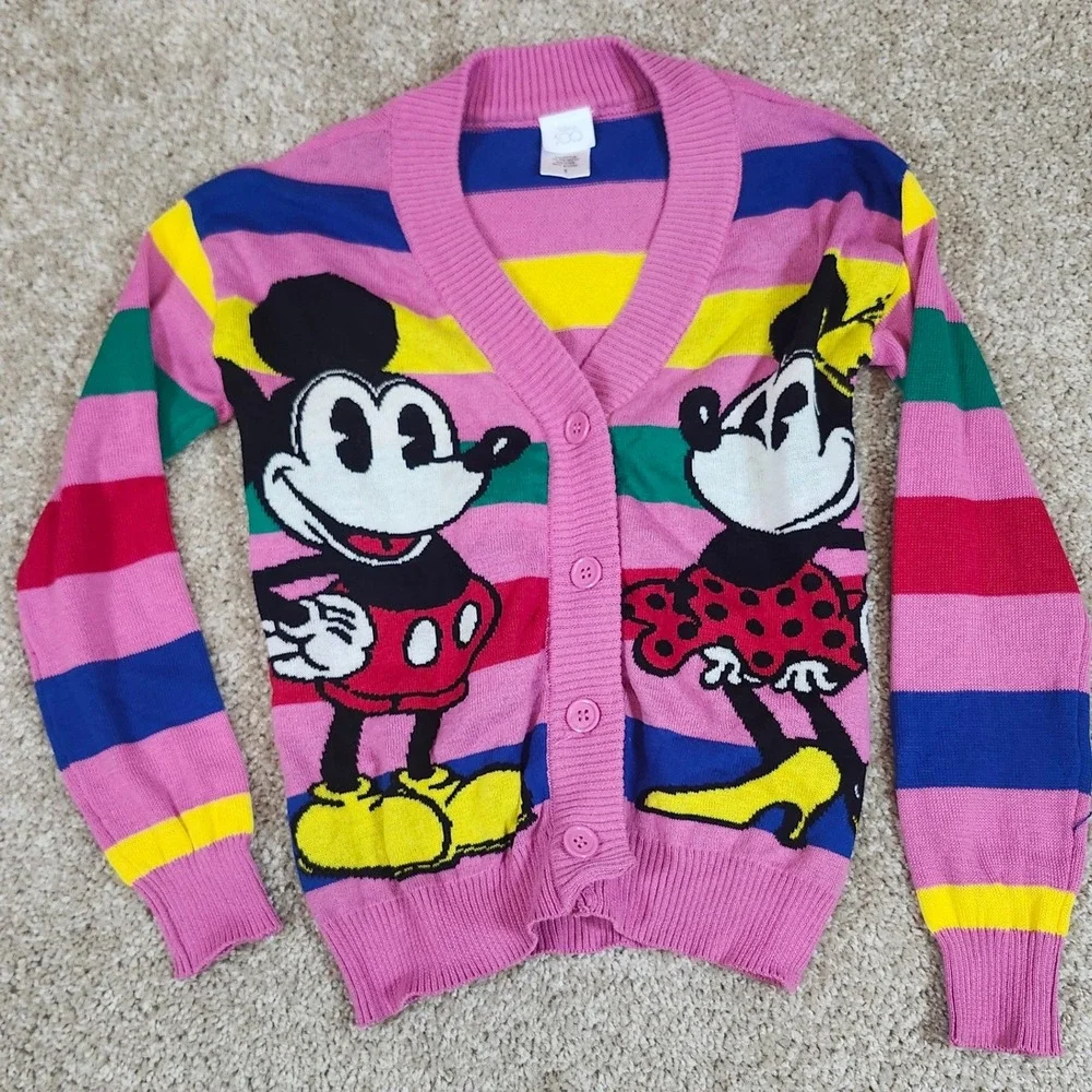 Disney Cardigan Mickey Minnie Mouse Rainbow Striped Knit‎ Character Sweater S
